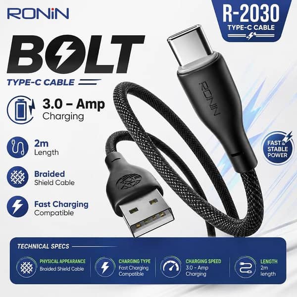 Ronin BOLT R-2030 Type-C Cable 3.0A Fast Charging | 2M Braided USB-C Cable | Durable & Tangle-Free Charging Cable with Reversible Type-C Connector for Smartphones, Tablets & Laptops
