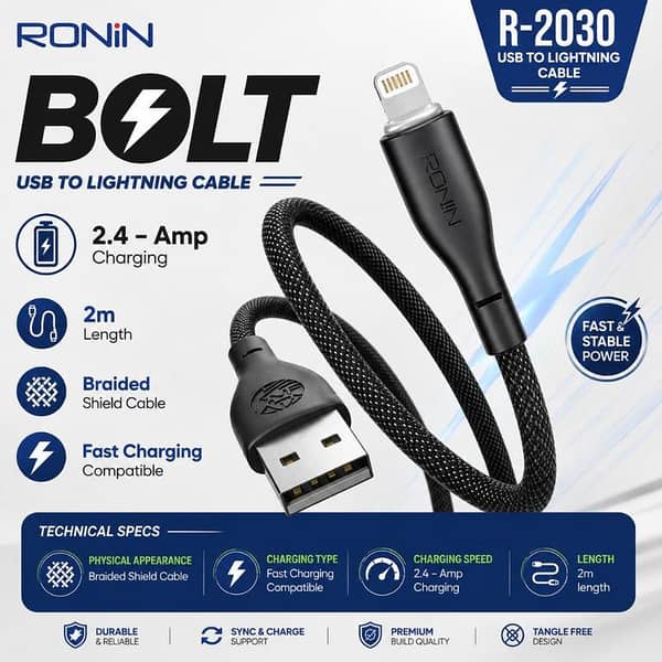 RONiN BOLT R-2030 USB to Lightning Cable – 2M Braided Fast Charging Cable | 2.4A Charging & Data Sync | Durable Shielded Design / iphone cable