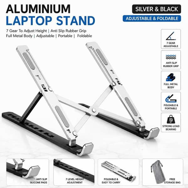 Aluminium Laptop Stand Silver & Black with Detachable Single & Dual Fan Stand for Laptop - 7 Gear to Adjust Height, Anti Slip Rubber Grip, Full Metal Body, Adjustable, Portable & Foldable Laptop Stand