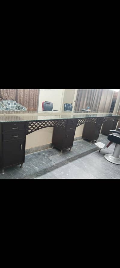 Commercial Salon Counter Setup with Glass Top & Drawers for Sale.