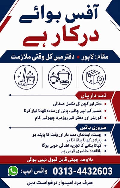 Office boy required in Lahore