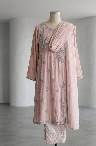 Luxury 3 Piece Powder Pink Velvet Formal Suit- Heavy Pearl & Silver