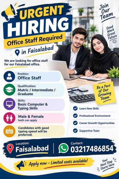 mujhy na staff ki Need ha faislaabad me working KY liye male and