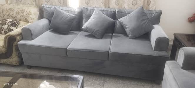 Modern 5-Seater Charcoal Grey Velvet Sofa Set with Cushions