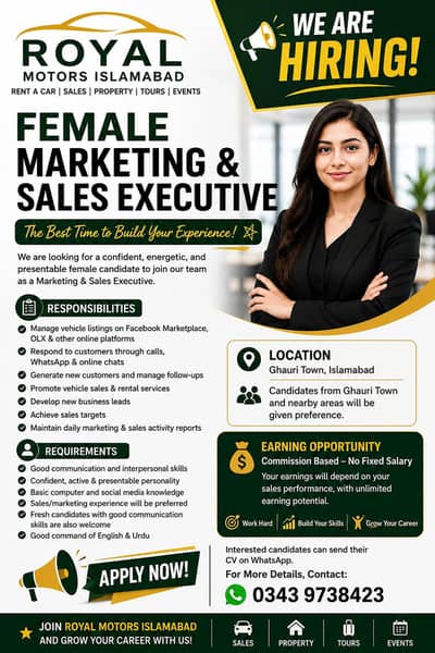  WE ARE HIRING – FEMALE MARKETING & SALES EXECUTIVE 