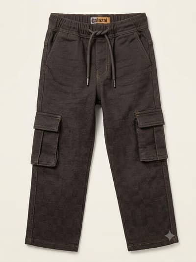 cargo kids denim pant black printed denim fabric
