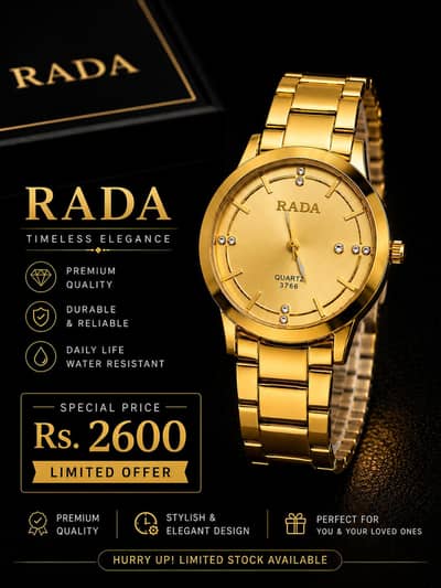 RADA Men’s Gold Watch | Quartz | Stylish Metal Bracelet |