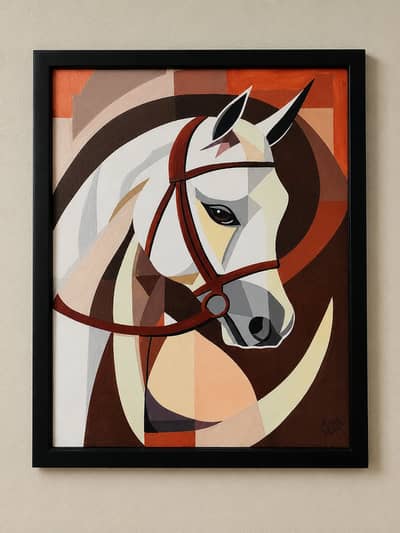 Geometric Abstract Horse Painting With Frame- Handmade Acrylic Art
