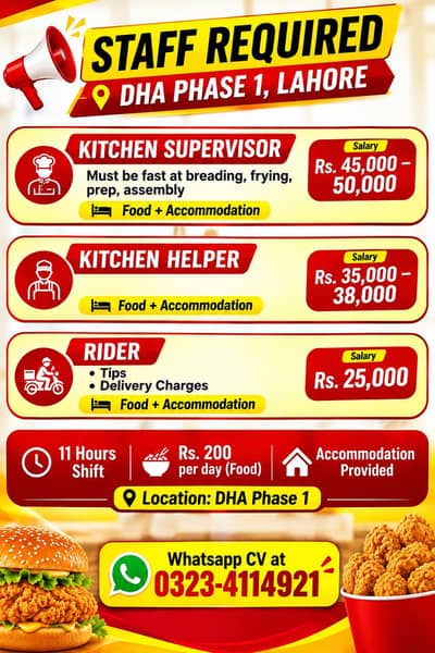 Fast food staff required at Dha H Block Phase 1  CHEF HELPER RIDERS