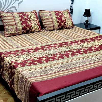 Maroon & Gold Crystal Cotton Bedsheet Set (3 Pcs - King Size)