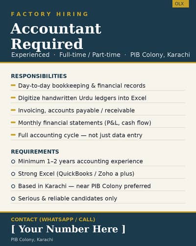 'Experienced Accountant Required – PIB Colony, Karachi')