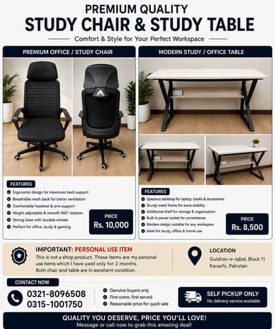 Premium Study/Office Chair + Study Table – Personal Use