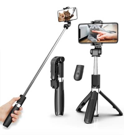 Foldable Selfie Stick with LED Light and Bluetooth Remote Black