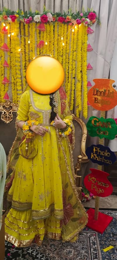 mayoun mehndi , yellow dress with lehnga ,handmade dupatta