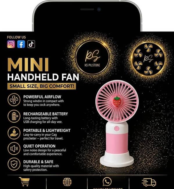 Premium 3-Speed Rechargeable Mini Handheld Fan with Fast Type-C Charging & Mobile Stand – Powerful Cooling in Aesthetic Flower Design
