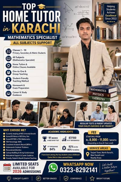 NED Univeristy Student | Maths Specialist | Home, Online Tutor Karachi