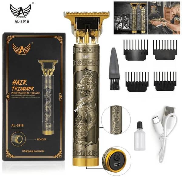 Professional Vintage T9 Hair Trimmer – Engraved Dragon Metal Body – Zero-Gapped T-Blade Cordless Grooming Kit for Men (Gold/Bronze Edition)