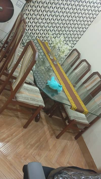 8 Seater Wooden Dining Table Set with Glass Top