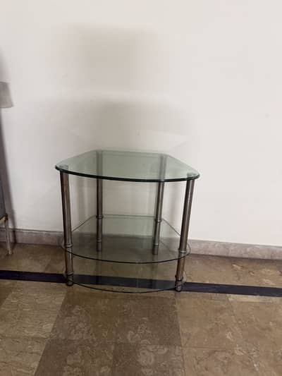 Glass table, tripple storey, tv trolley table