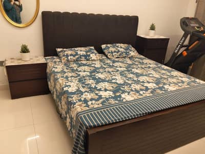 Bed, Side tables, Spring Mattress with cupboard