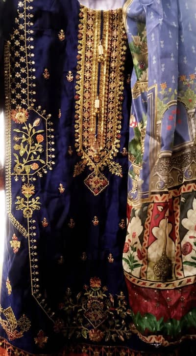 "Navy Blue Heavy Zari Embroiderd 3pc suit with digital printed Dupatta