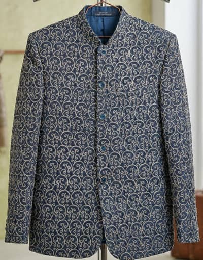 Men's Navy Blue Embroidered Prince Coat Small Size Wedding Sherwani.