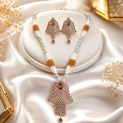 Elegant Pearl & Crystal Pendant Necklace Set with Matching Earrings.