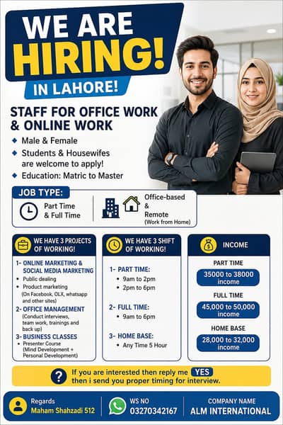 Office & Online Work Jobs Available – Male/Female (Lahore)