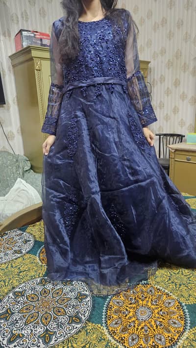 Stunning Navy Blue Organza Party Wear Maxi Dress – Back Lace Design
