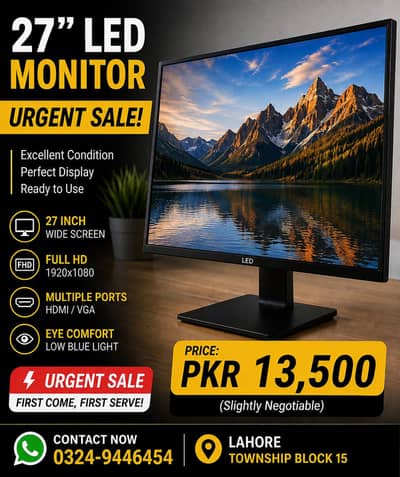 URGENT SALE 27" LED Monitor – Excellent Condition
