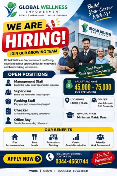Urgent hiring! For both male and female.