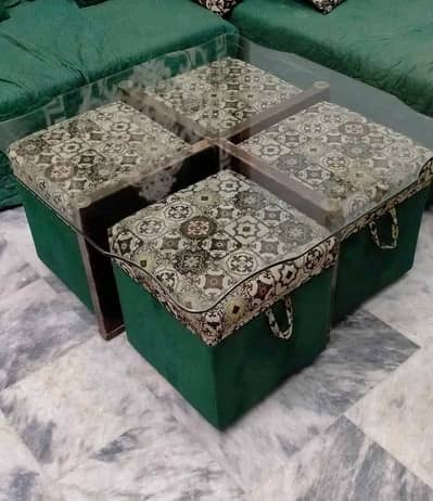 Elegant 4-Piece Ottoman Sofa Set with Glass Table – Green & Patterned