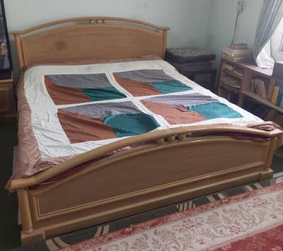 Wooden Bed Set - Bed, Dresser with Mirror, 3 Door Cupboard, Sidetable