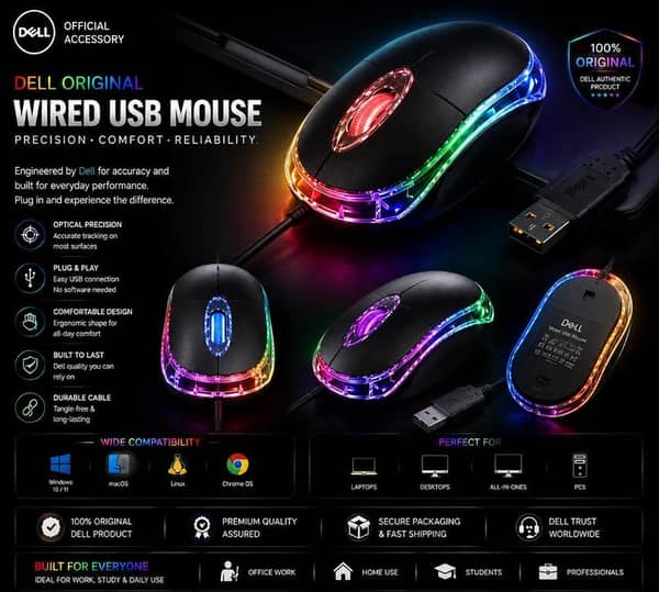 Dell Original Wired USB RGB Optical Mouse | High Precision 1000 DPI | Plug & Play | Ergonomic Silent Mouse for Laptop, PC, Desktop & Computer | Windows 11/10, macOS, Linux & Chrome OS Compatible