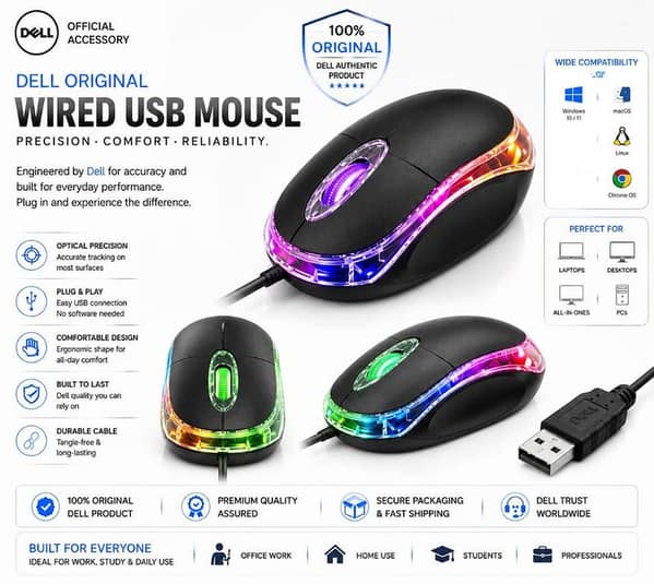 Dell Original Wired USB RGB Optical Mouse | High Precision 1000 DPI | Plug & Play | Ergonomic Silent Mouse for Laptop, PC, Desktop & Computer | Windows 11/10, macOS, Linux & Chrome OS Compatible
