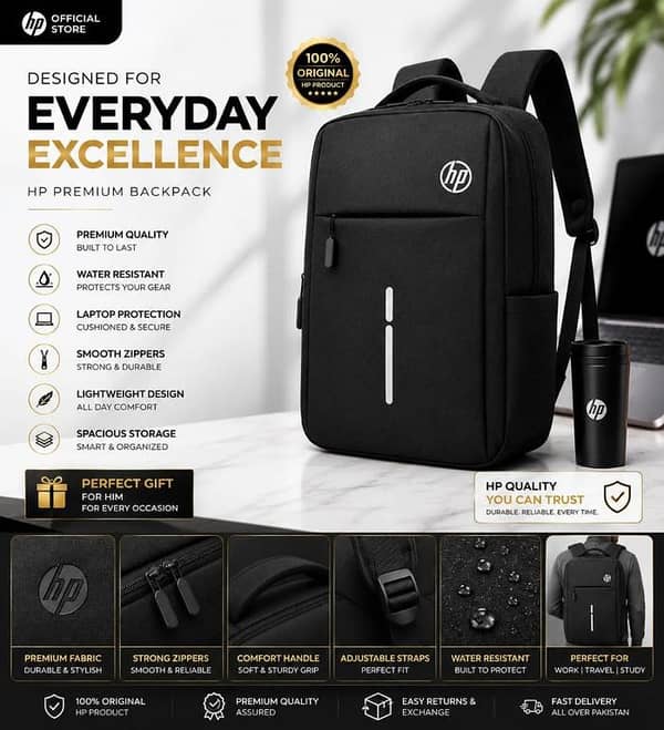 HP Original Premium Laptop Backpack | Water Resistant Shockproof Anti-Theft Business Travel Laptop Bag with USB Charging Port | Fits 14", 15", 15.6", 16" & 17" Inch Laptops Office, College, School, University & Travel | Black