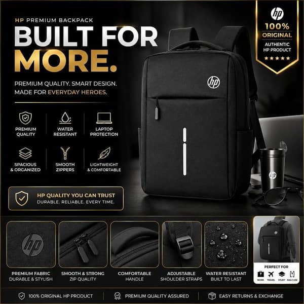 HP Original Premium Laptop Backpack | Water Resistant Shockproof Anti-Theft Business Travel Laptop Bag with USB Charging Port | Fits 14", 15", 15.6", 16" & 17" Inch Laptops Office, College, School, University & Travel | Black