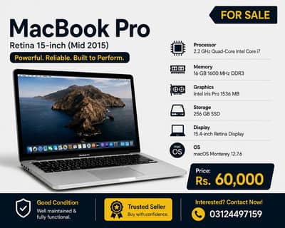 MacBook Pro Retina 15-inch Mid 2015 – 16GB RAM | 256GB SSD | Core i7
