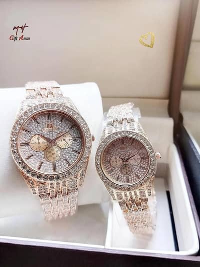 Unisex Rose Gold Couple Watches 2 PCs Crystal Chain Strap