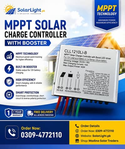 MPPT Solar Charge Controller with Booster – CLL1210LI-B 10A, 40W