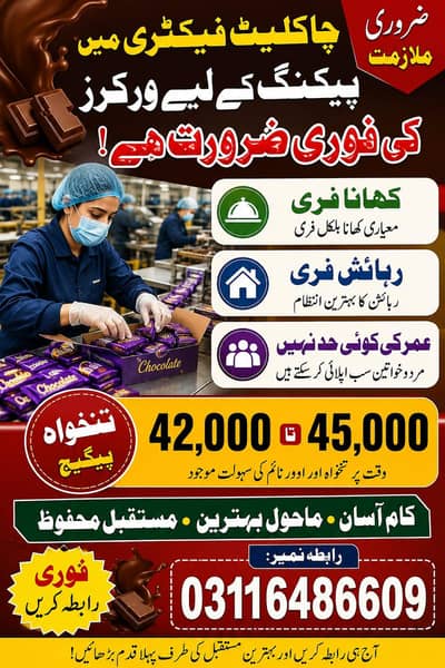 Need urgent staff in chocolate packing jobs available in lahore