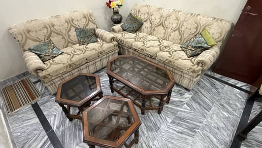 7-Seater Sofa Set with Center Table, 2 Side Tables & 6 Cushions