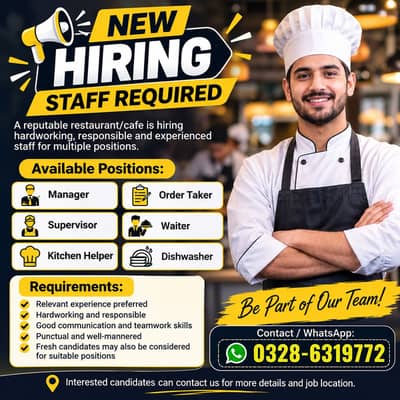 New Hiring – Manager, Supervisor, Kitchen Helper, Order Taker, Waiter