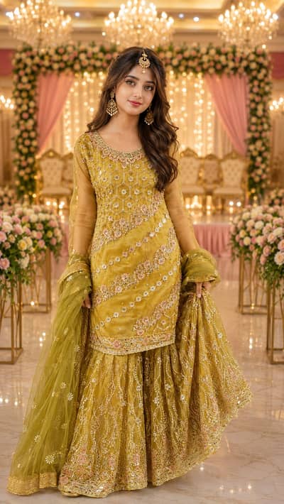 3pc Mehndi Color Gharara with heavy shirt