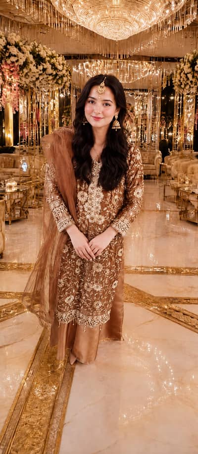 3pc embroidery long shirt with umbrella plazo
