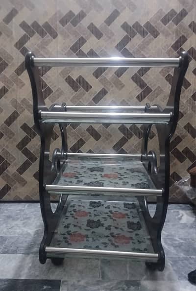 Wooden Serving Trolley with Glass Shelves