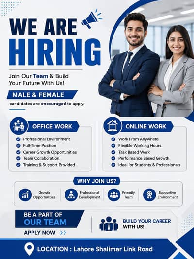 We are hiring staff both Male and Female in Lahore