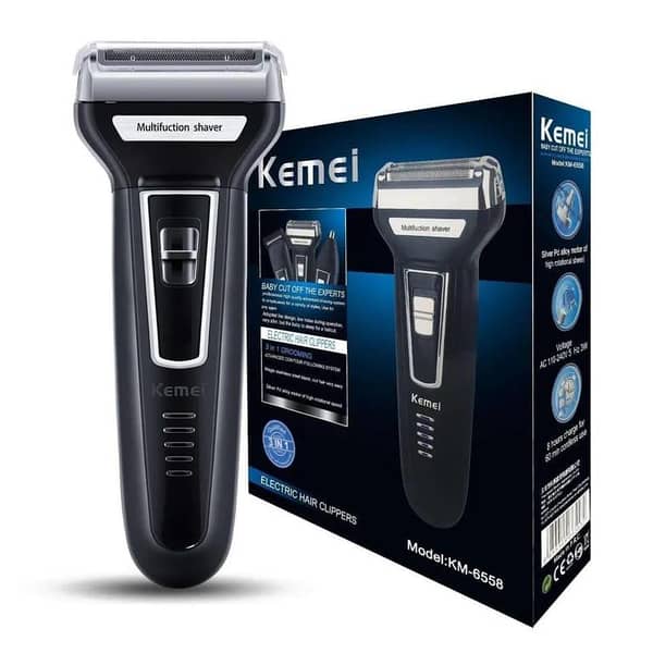 Original Kemei KM-5558 3-in-1 Rechargeable Grooming Kit for Men - Electric Shaver, Hair Clipper & Nose Trimmer - Professional Cordless Beard Styler & Grooming Machine (Blue)