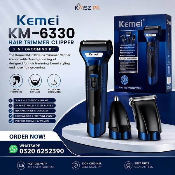 Kemei KM-6330 3 in 1 Professional Grooming Kit For Men - Rechargeable Shaving Machine, Hair Clipper, Beard & Nose Trimmer, Electric Cordless Shaver, Baal Katne Wali Machine, Khat Trimer Mashine - Blue & Black