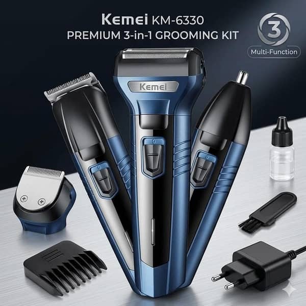 Kemei KM-6330 3 in 1 Professional Grooming Kit For Men - Rechargeable Shaving Machine, Hair Clipper, Beard & Nose Trimmer, Electric Cordless Shaver, Baal Katne Wali Machine, Khat Trimer Mashine - Blue & Black
